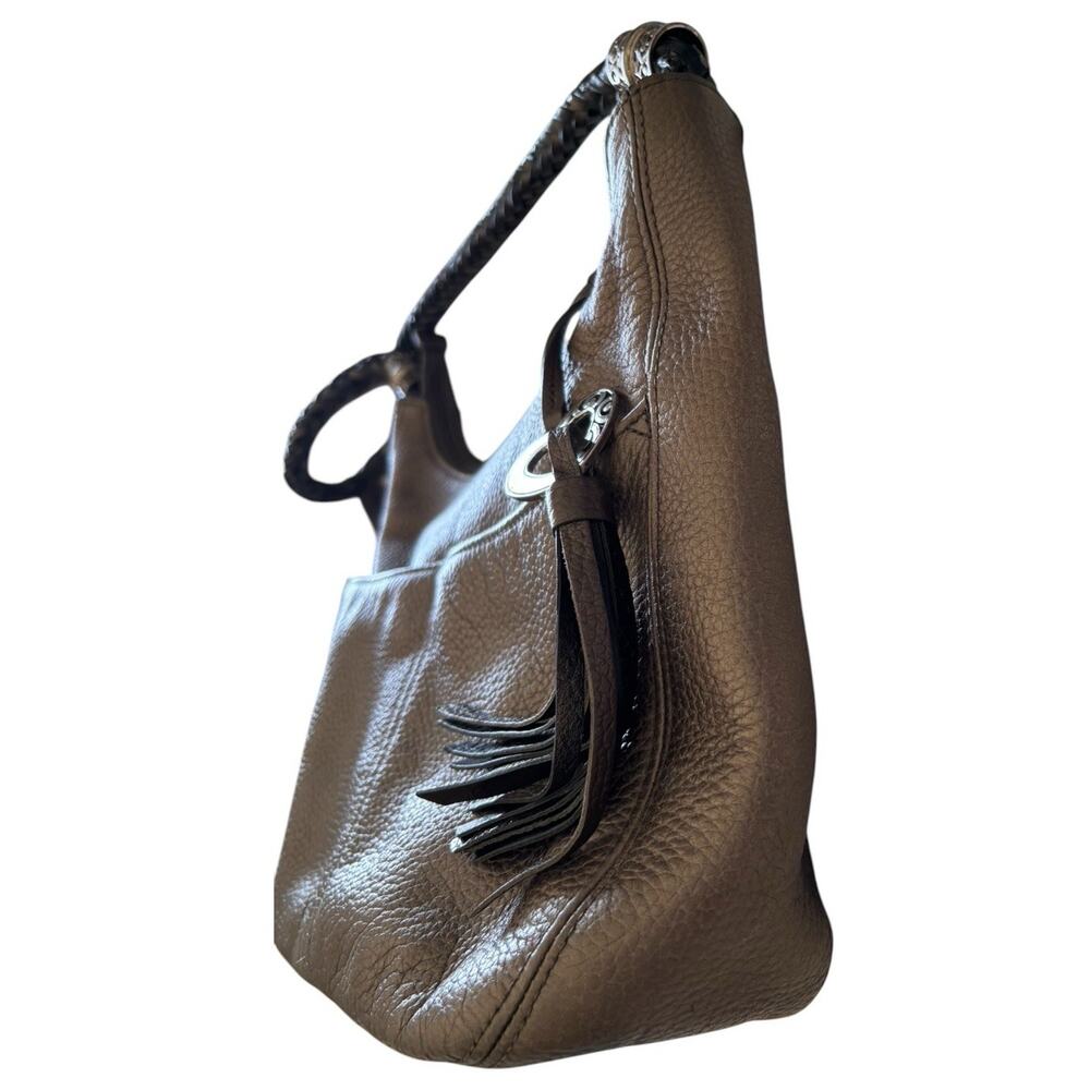 BRIGHTON Pewter Gray Pebbled Leather Hobo Bag Purse Braided Strap - EUC - Picture 6 of 15